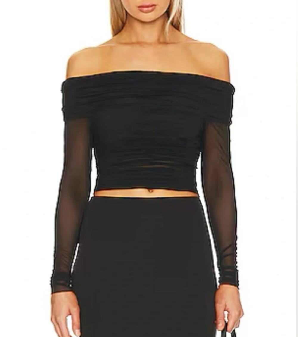 ALICE + OLIVIA | Isadola Long Sleeve Top Ruched Mesh Off Shoulder | Medium